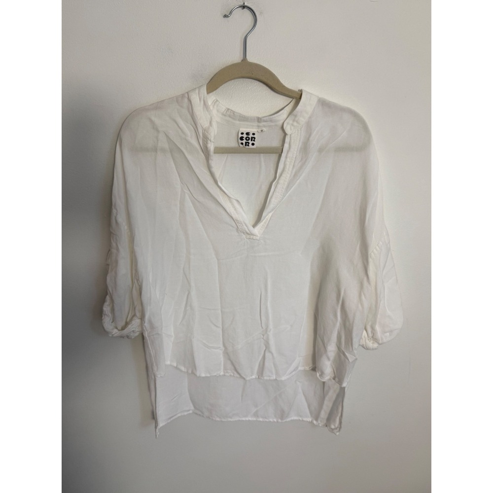 Correll Correll White Linen Viscose V-Neck High Low Blouse Size Small Women